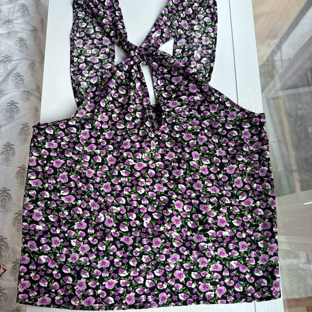 Zara Black Top with Purple and Green Floral Design